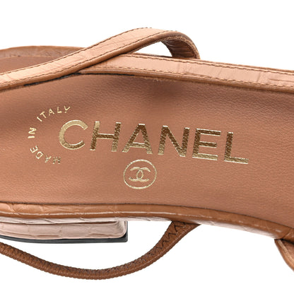 Chanel Calfskin Crocodile Embossed Patent Cap Toe CC Slingback Pumps 38.5 Brown Black 9 of 12