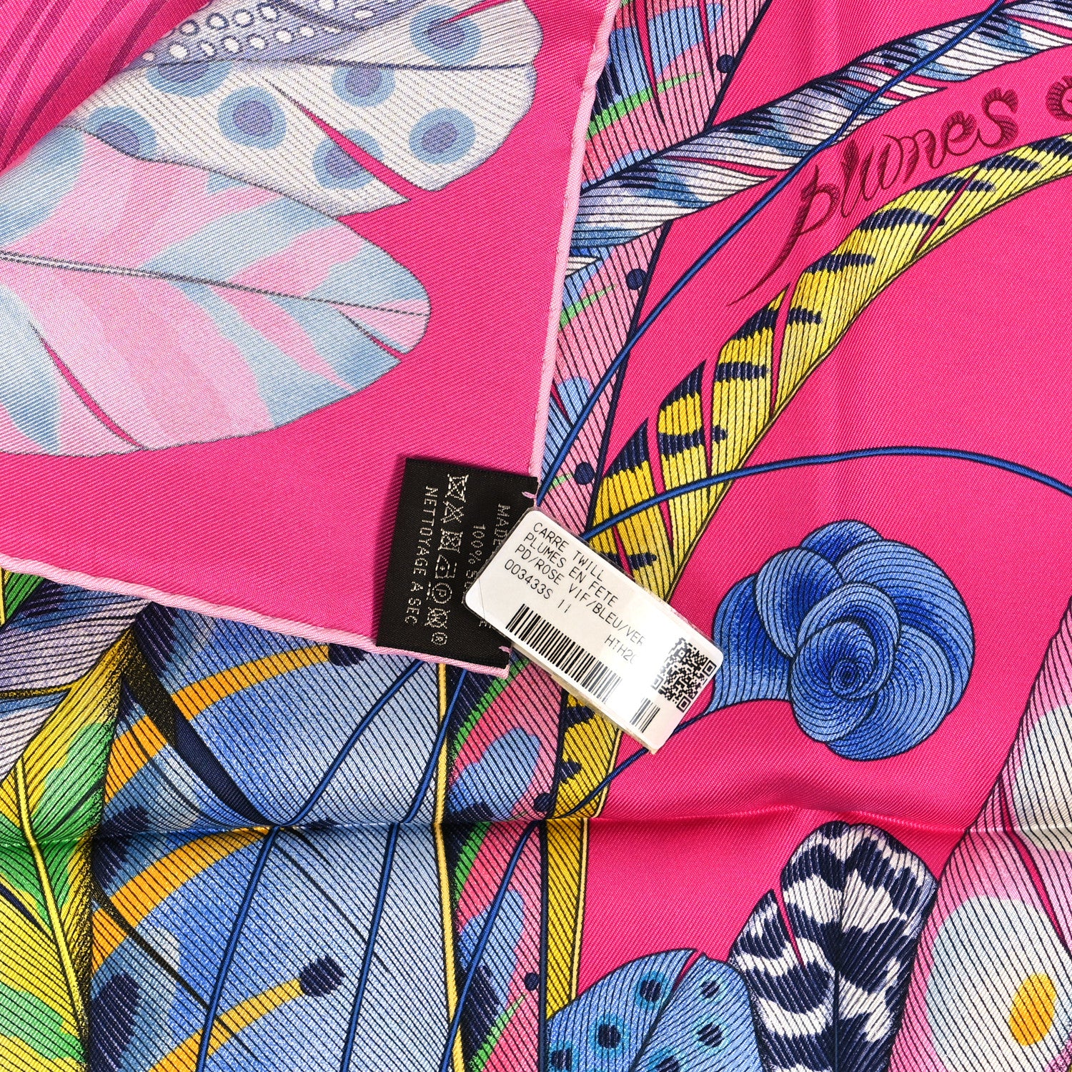 Hermes Silk Plumes En Fete Scarf 90 Rose Vif Bleu Vert 3 of 5