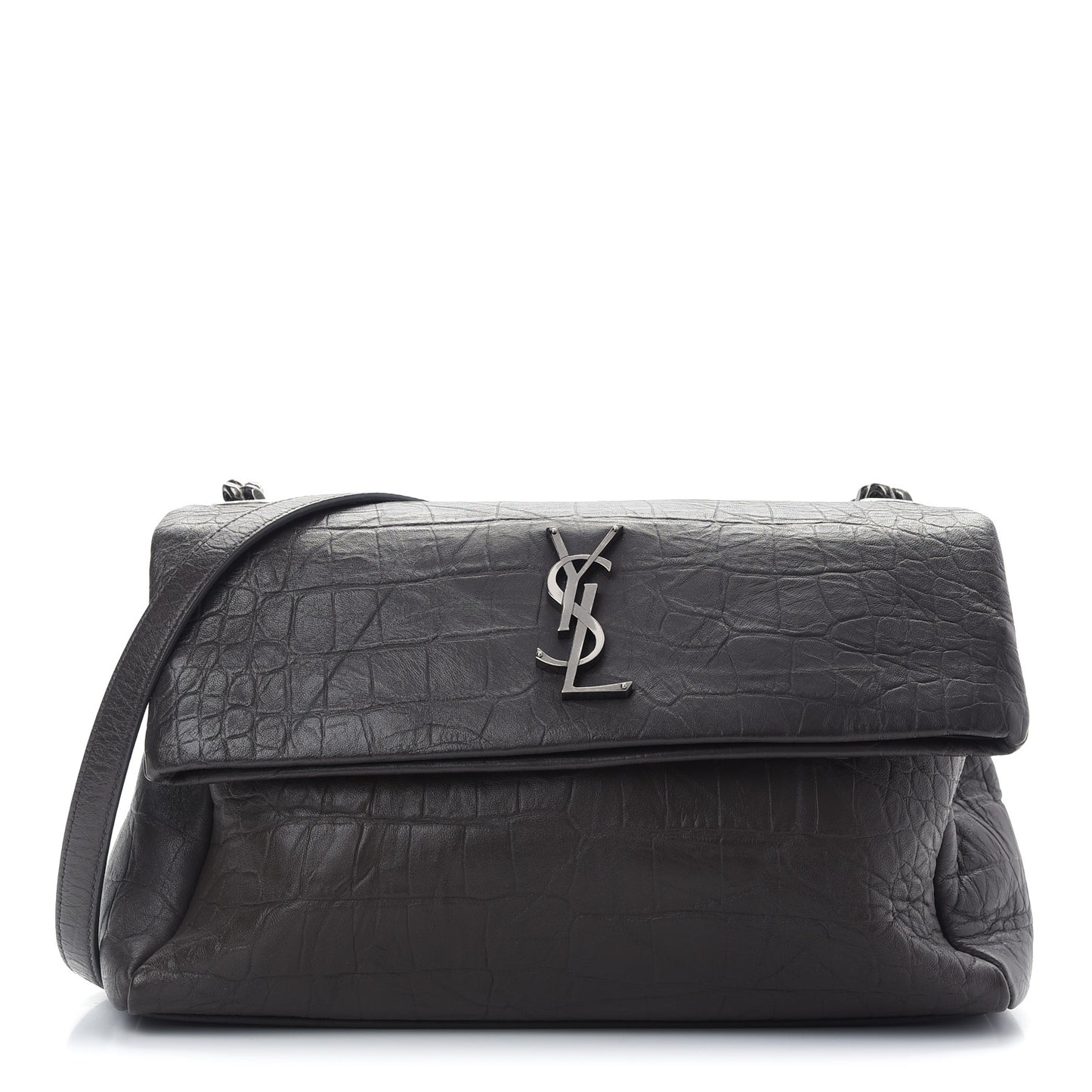 Calfskin Crocodile Embossed Medium West Hollywood Monogram Fold-Over Grey