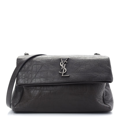 Saint Laurent Calfskin Crocodile Embossed Medium West Hollywood Monogram Fold-Over Grey 1 of 9