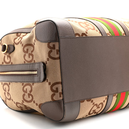 Gucci Monogram Jumbo GG Textured Dollar Calfskin Web Large Duffle Bag Camel Ebony 8 of 12