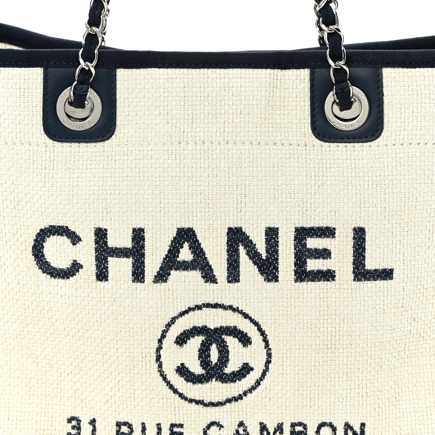 Woven Straw Raffia Small Deauville Tote White Navy