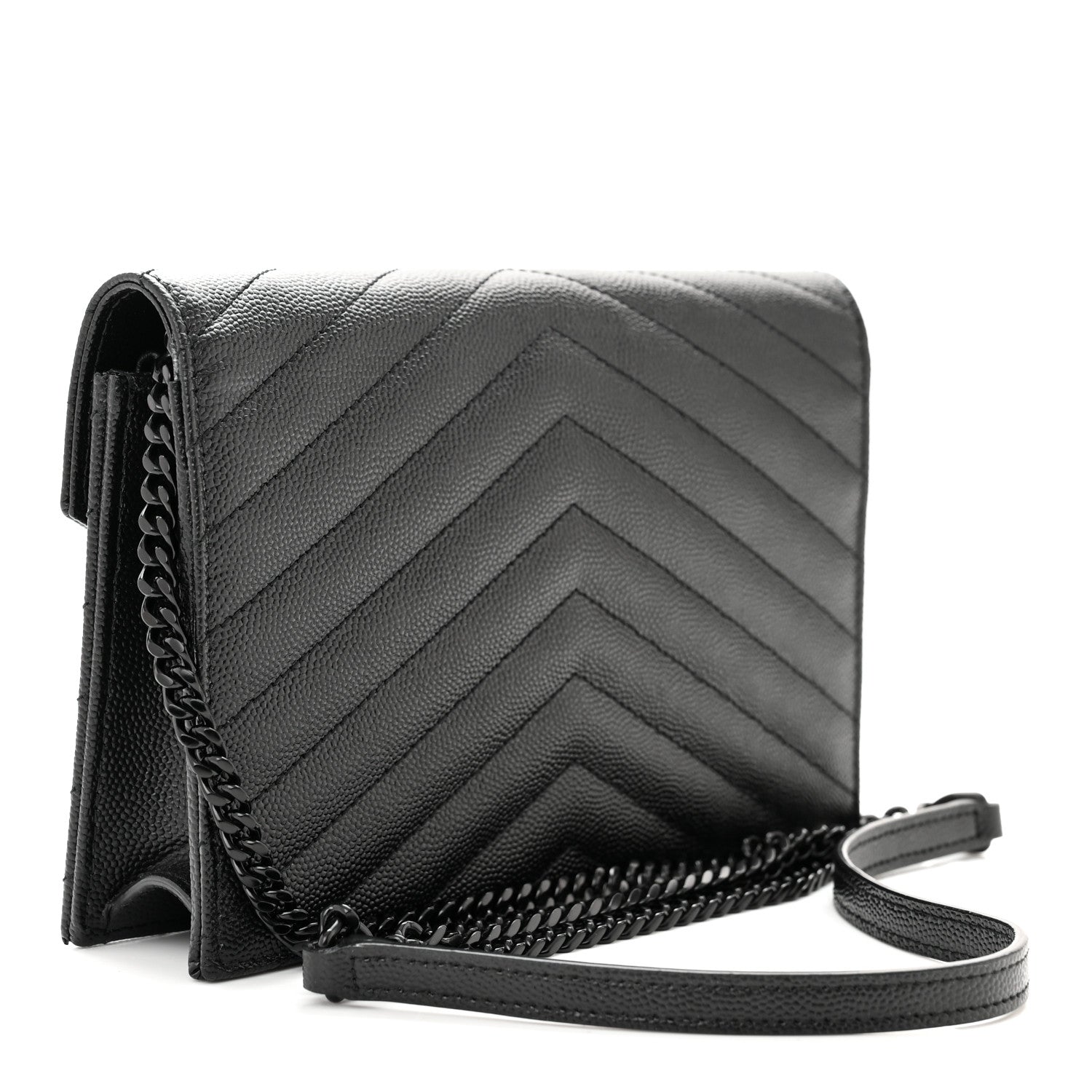 Saint Laurent Grain De Poudre Matelasse Chevron Monochrome Monogram Envelope Chain Wallet Black 3 of 10