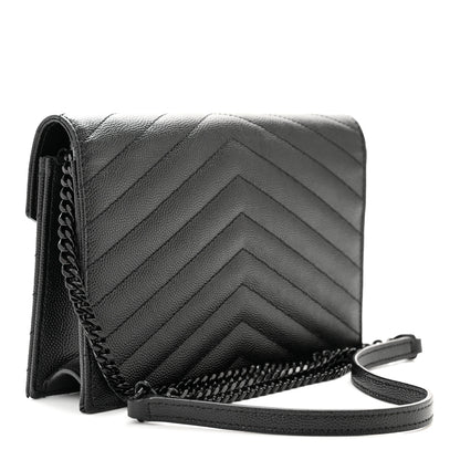 Saint Laurent Grain De Poudre Matelasse Chevron Monochrome Monogram Envelope Chain Wallet Black 3 of 10