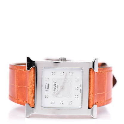 Hermes Stainless Steel Alligator Diamond Mother of Pearl 26mm Heure H Hour Quartz Watch Orange 3 of 5