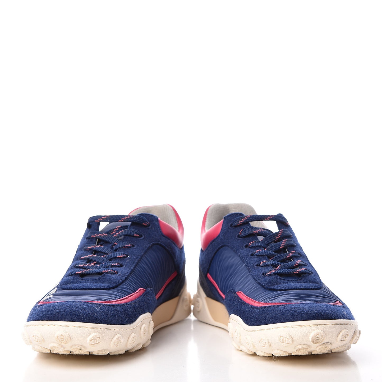 Wool Nylon Lambskin Suede Calfskin Womens Logo Sneakers 39.5 Navy Pink