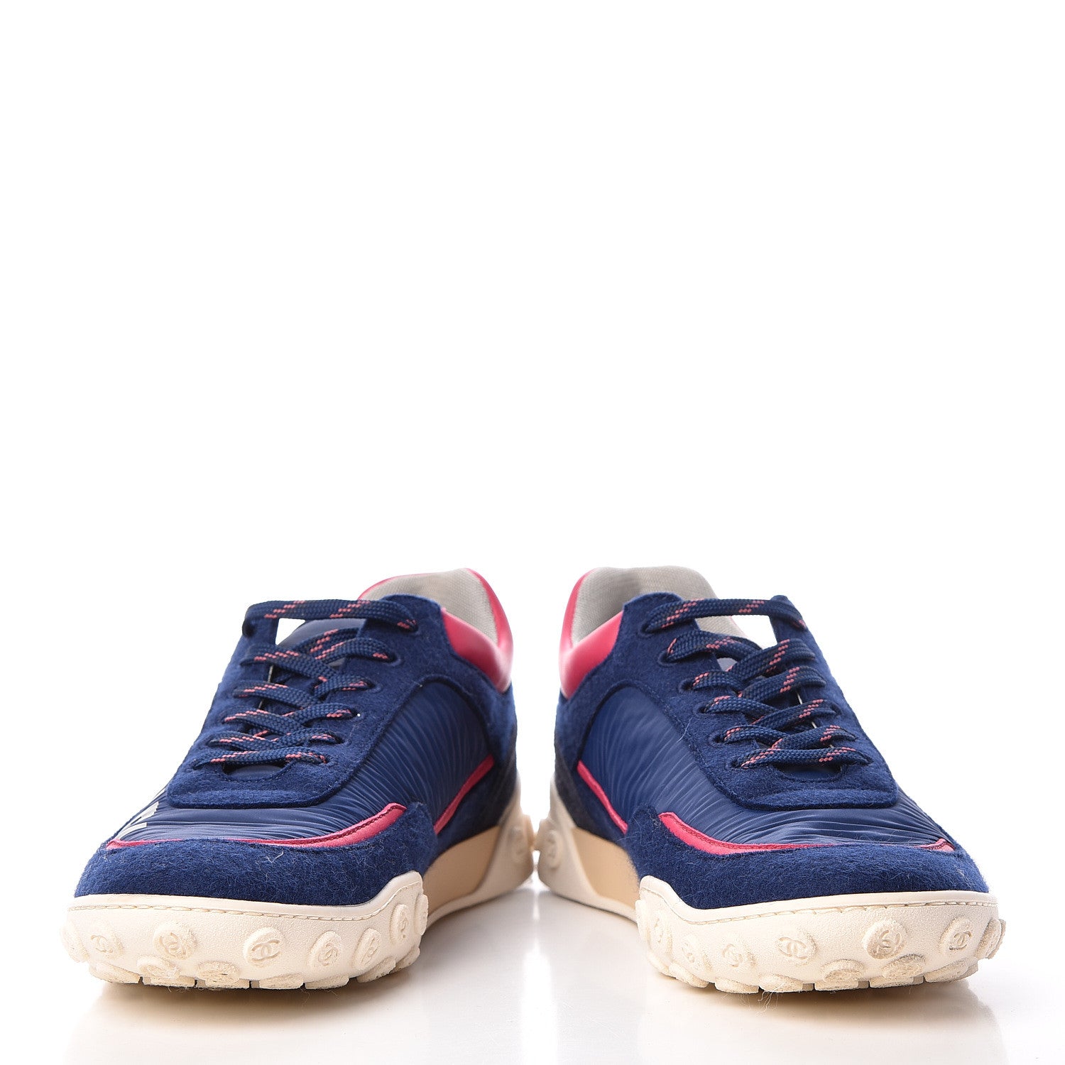 Chanel Wool Nylon Lambskin Suede Calfskin Womens Logo Sneakers 39.5 Navy Pink 5 of 9