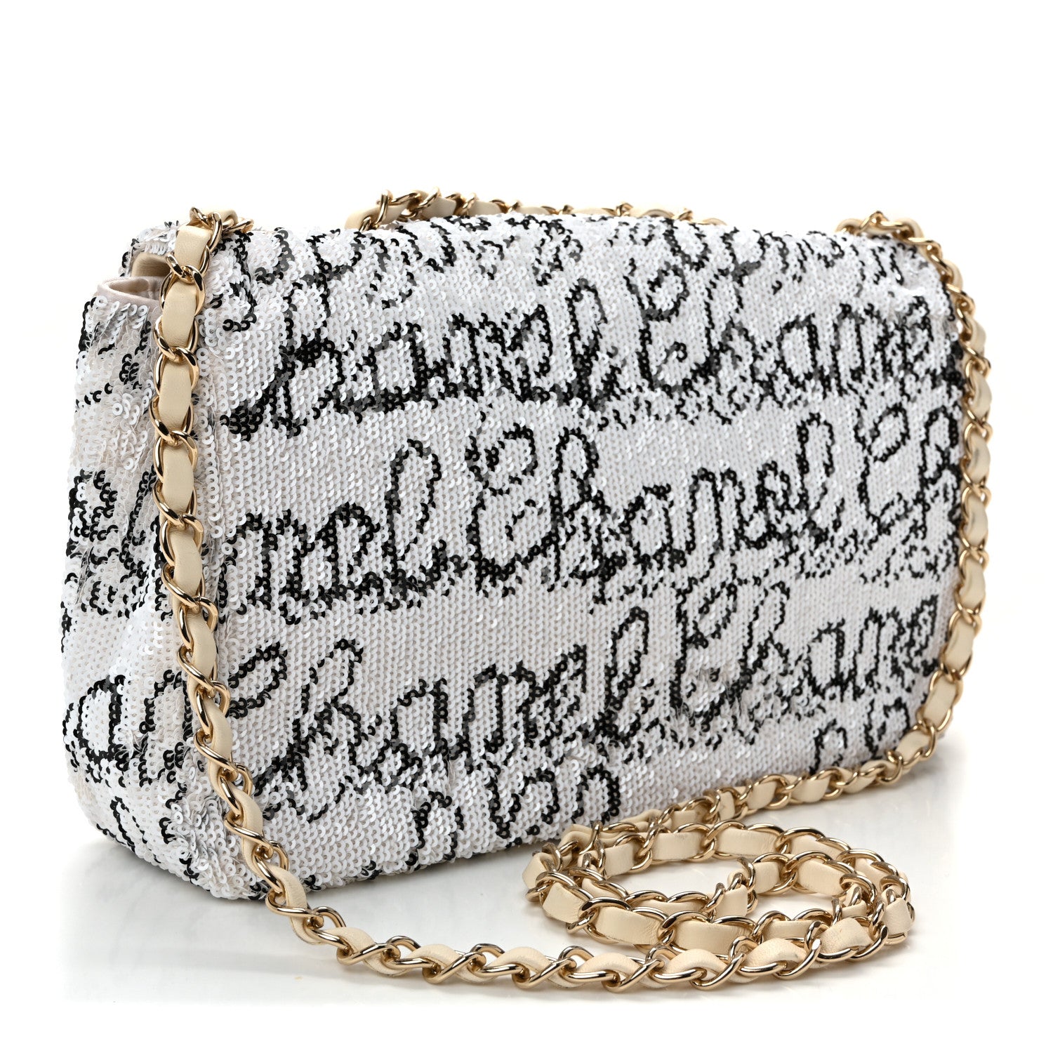 Chanel Sequin Logo Medium Flap White Black 3 of 10