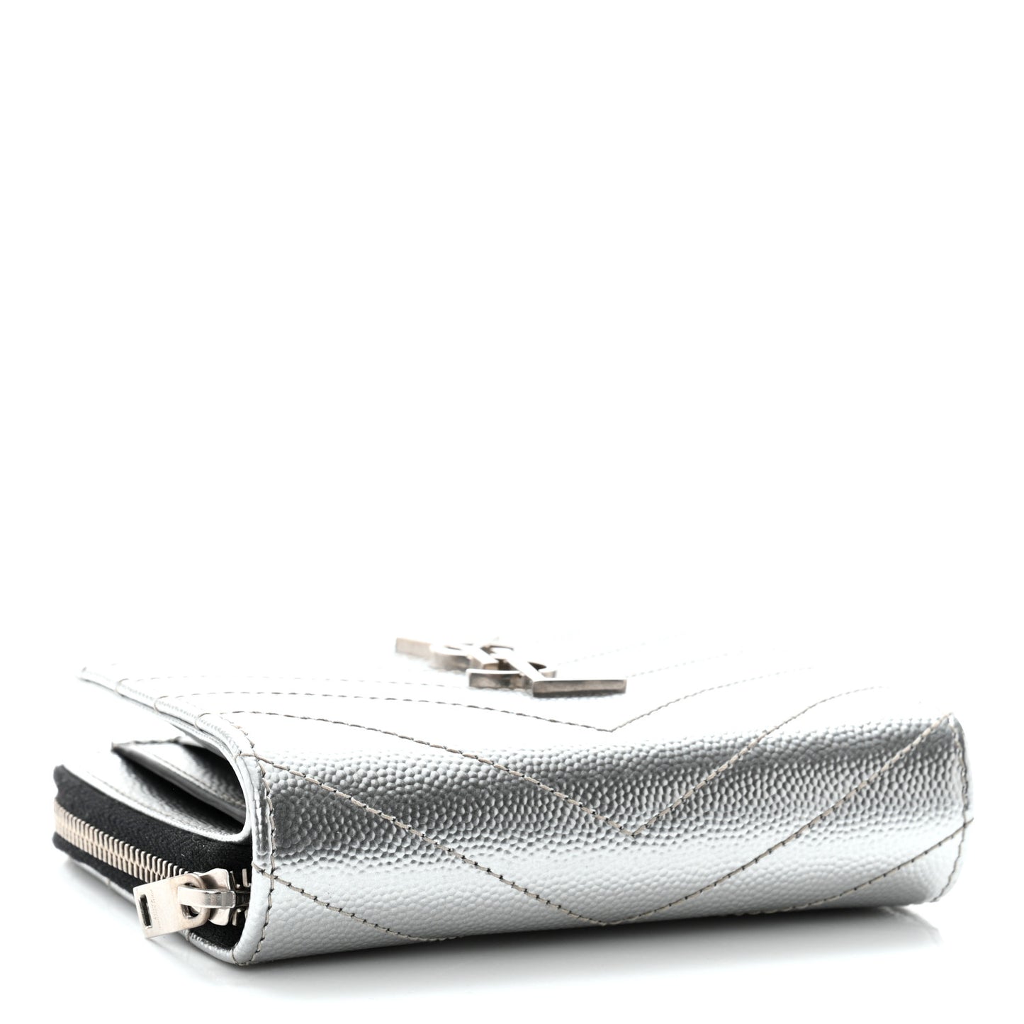 Metallic Grain De Poudre Matelasse Chevron Monogram Compact Zip Around Wallet Silver