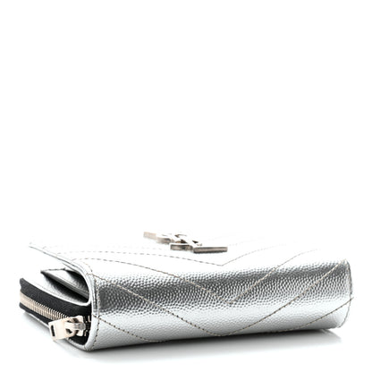 Saint Laurent Metallic Grain De Poudre Matelasse Chevron Monogram Compact Zip Around Wallet Silver 4 of 7