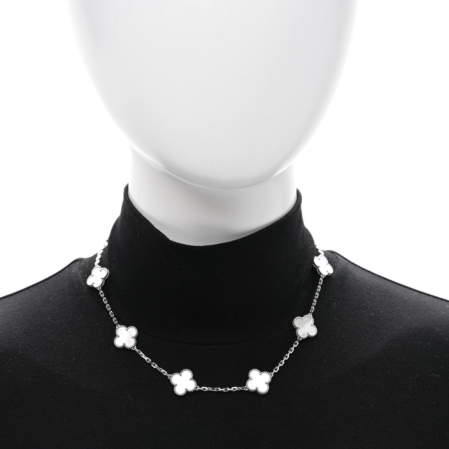 18K White Gold Mother of Pearl 10 Motifs Vintage Alhambra Necklace