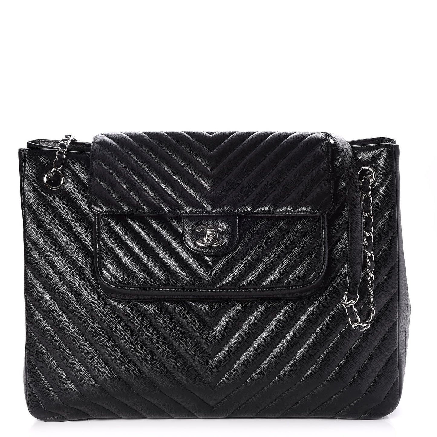 Caviar Chevron Quilted Flap Tote Black