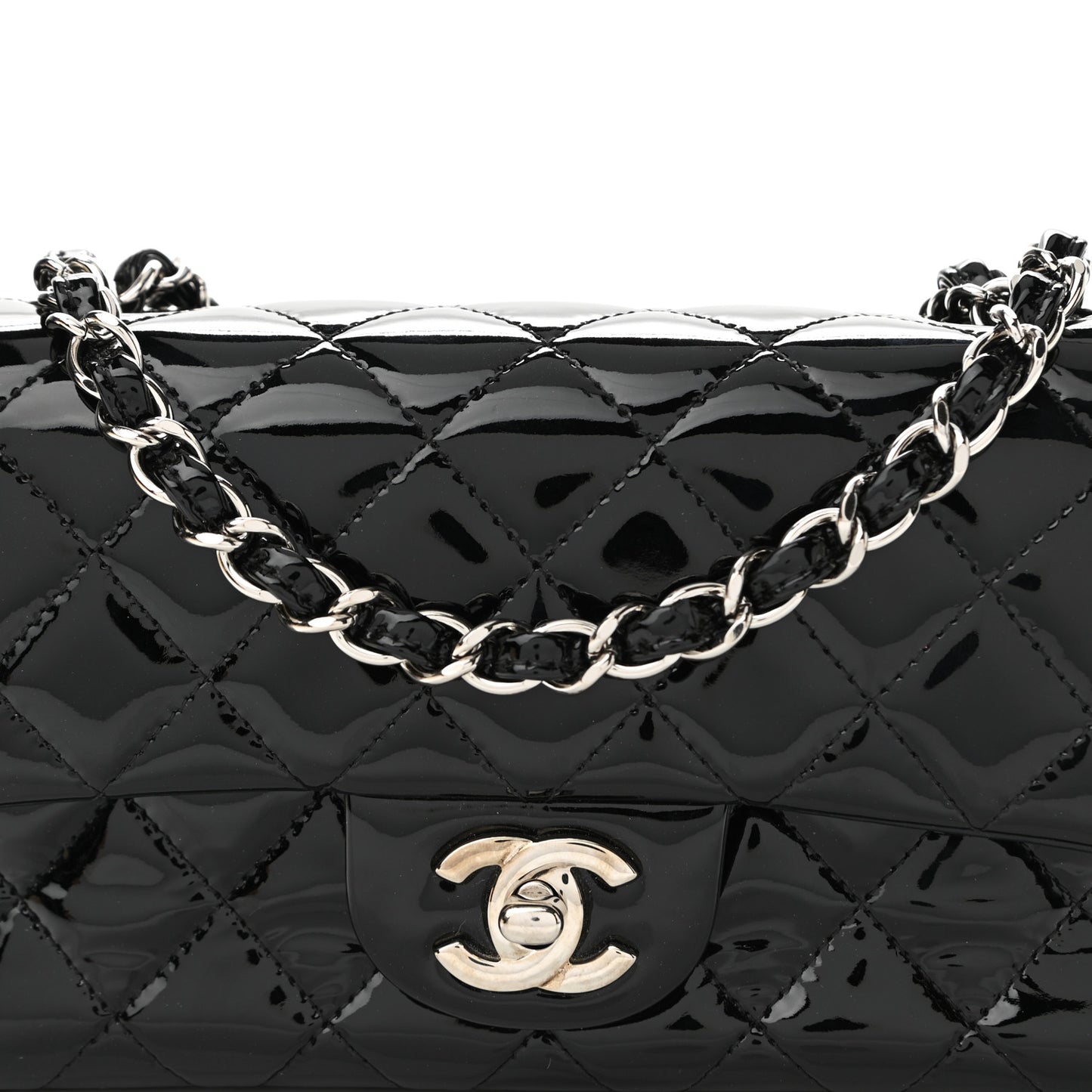 Patent Calfskin Quilted Mini Rectangular Flap Black