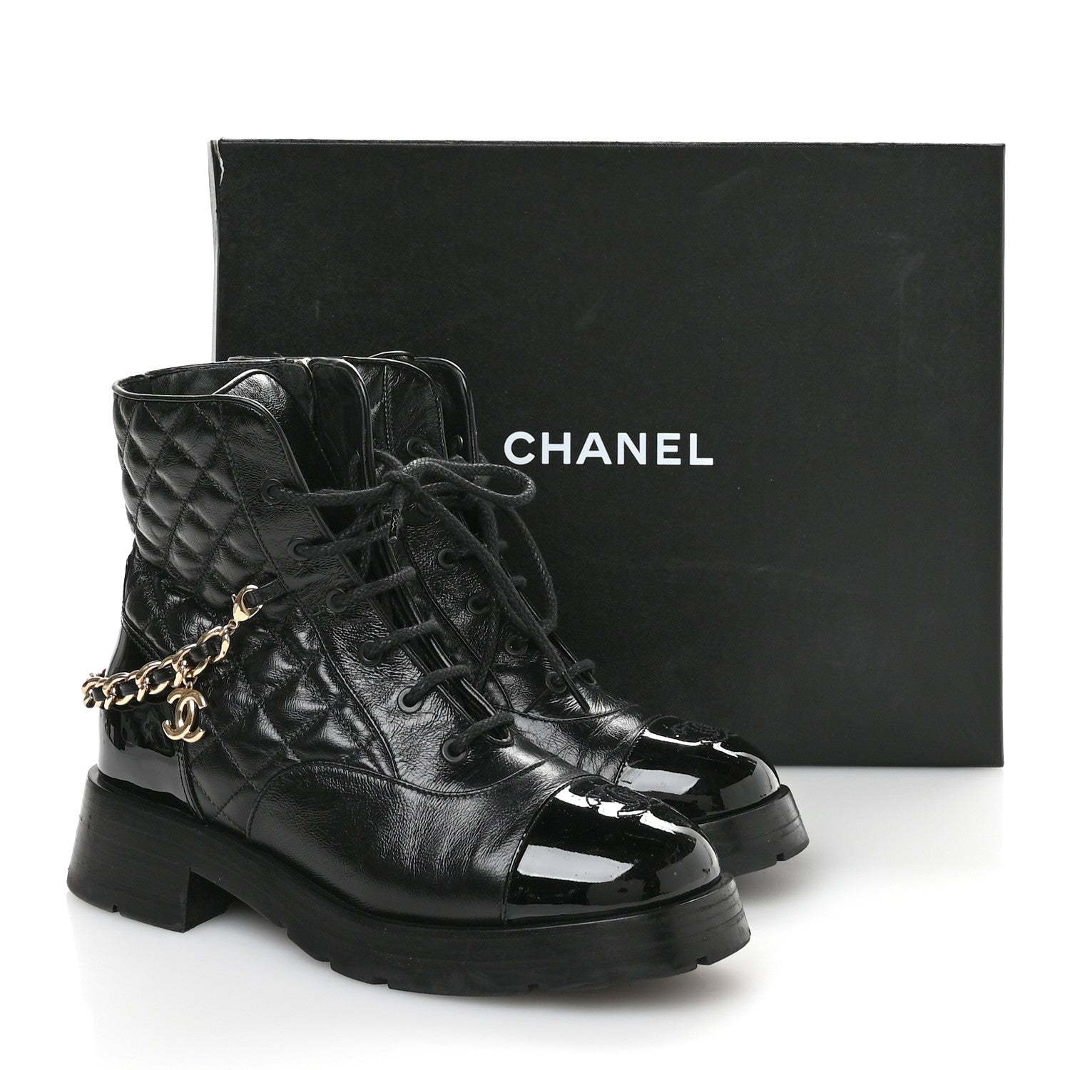 Chanel Shiny Calfskin Patent Quilted Chain Lace Up Combat Boots 40 Black 9 of 10