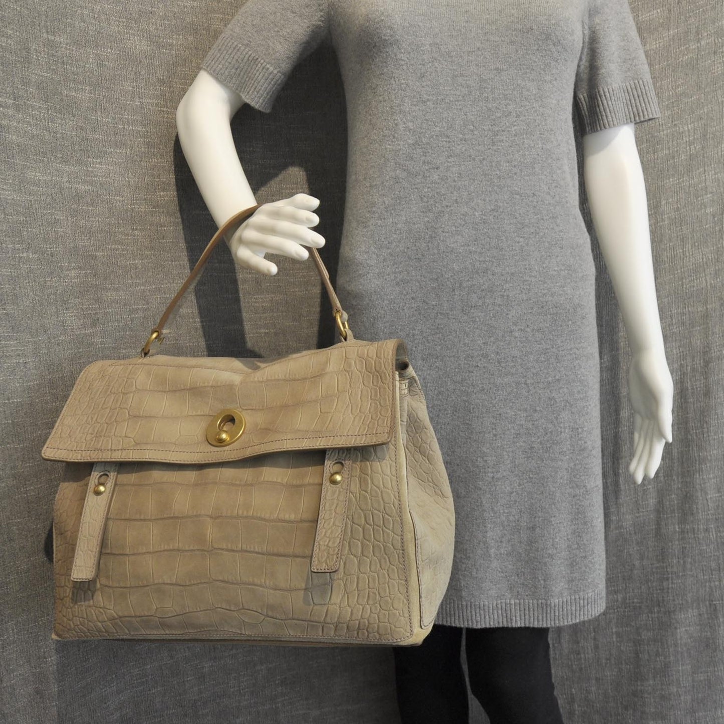 Suede Crocodile Embossed Large Muse Two Beige