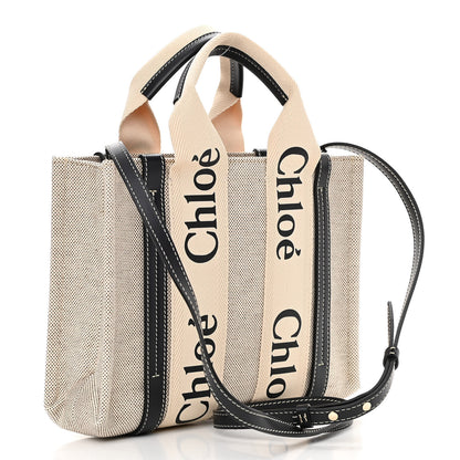 Chloe Cotton Calfskin Small Woody Ribbon Tote With Strap White Navy 3 of 10