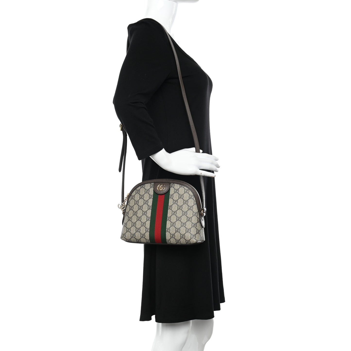GG Supreme Monogram Textured Dollar Calfskin Web Small Ophidia Dome Shoulder Bag Beige Ebony New Acero