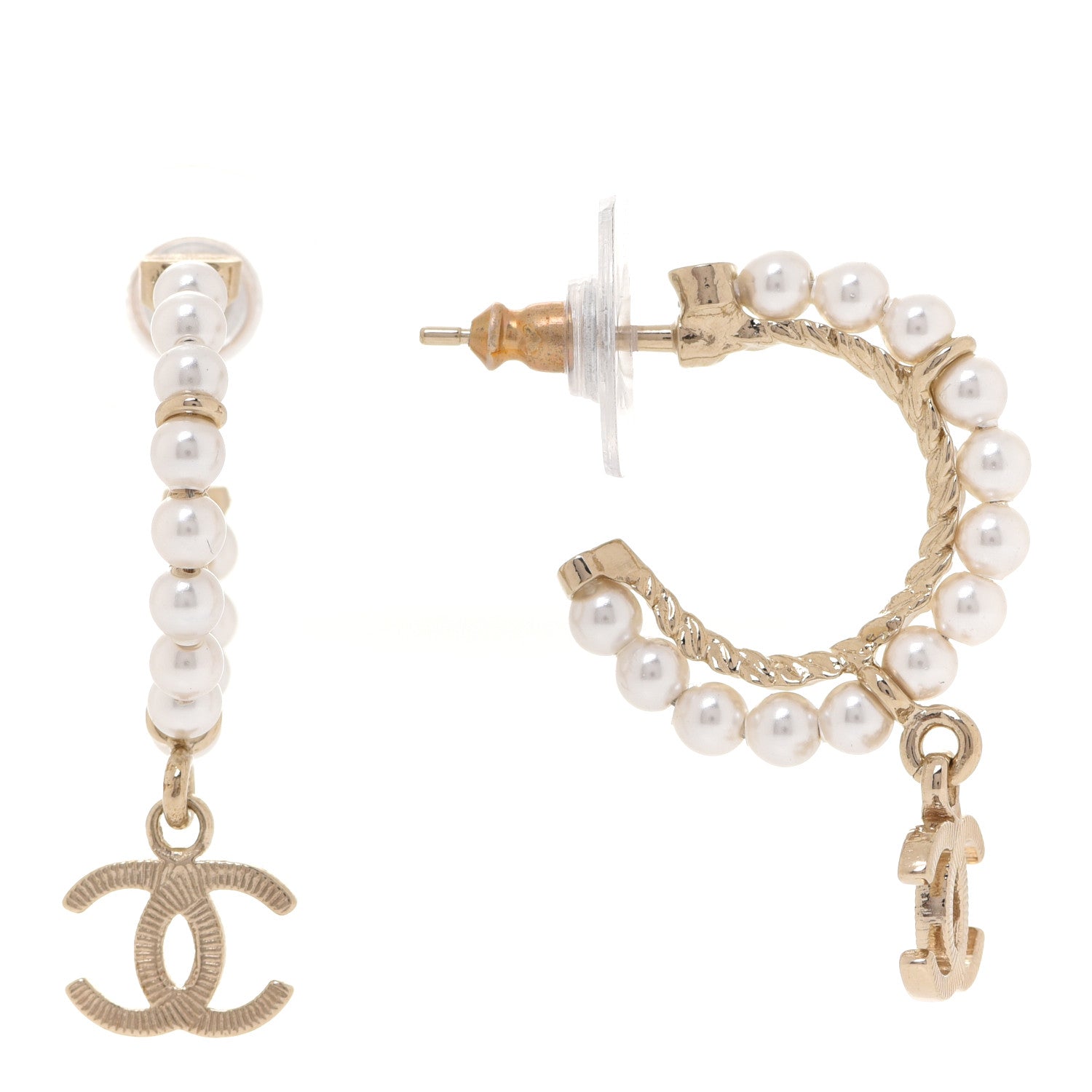 Chanel Pearl Charms CC Hoop Earrings Gold 1 of 5