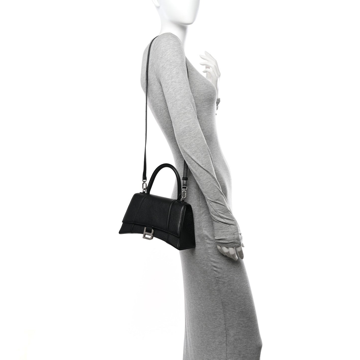 Grained Calfskin Small Hourglass Top Handle Bag Black