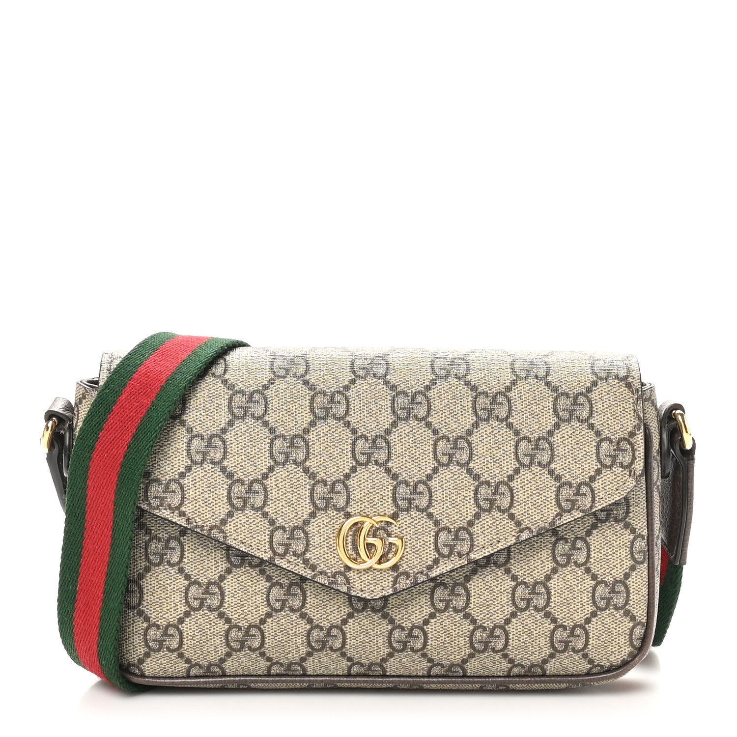 Gucci GG Supreme Monogram Textured Dollar Calfskin Web Mini Ophidia Envelope Shoulder Bag Beige Ebony 1 of 11