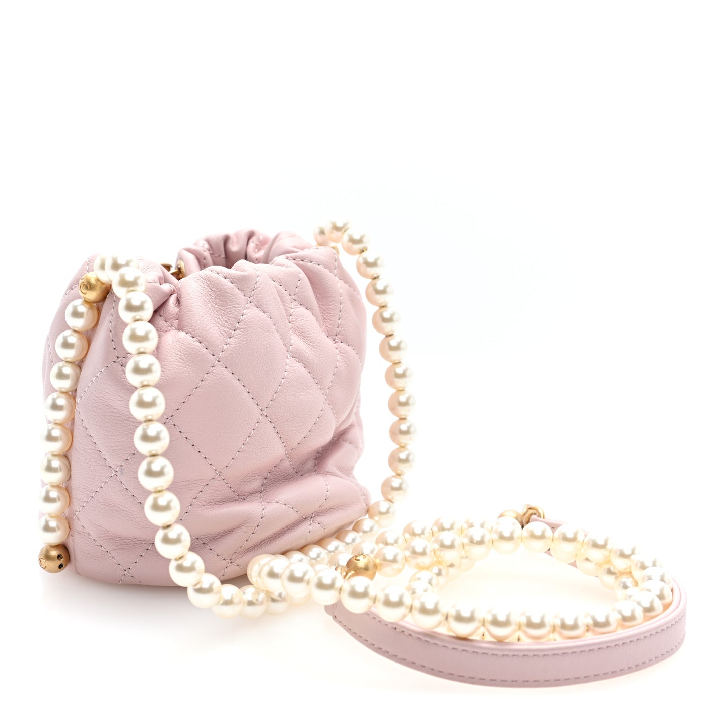 Calfskin Quilted Pearl Mini About Pearls Drawstring Bucket Light Pink