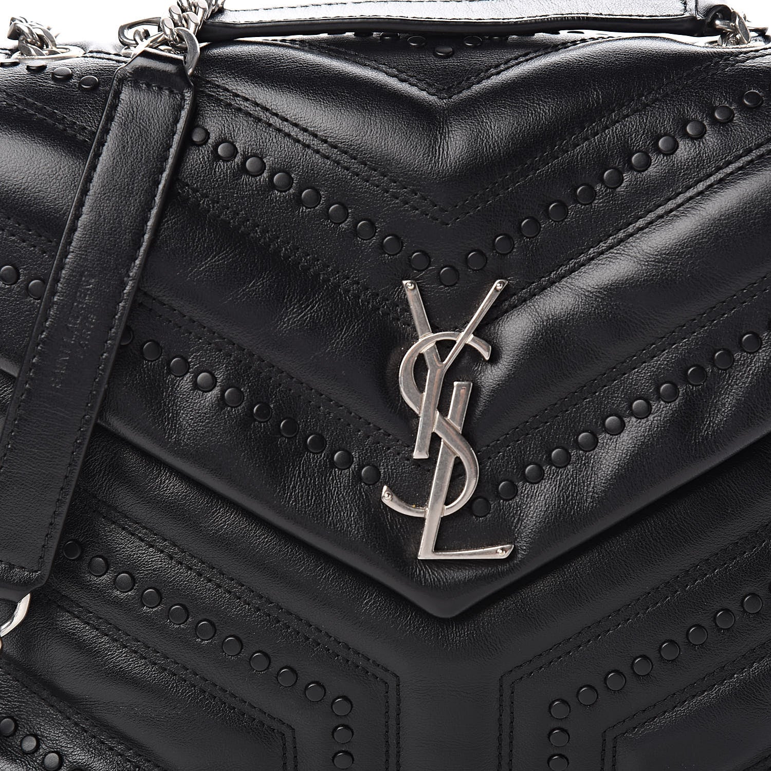 Saint Laurent Calfskin Y Quilted Studded Monogram Small Loulou Chain Satchel Black 9 of 9