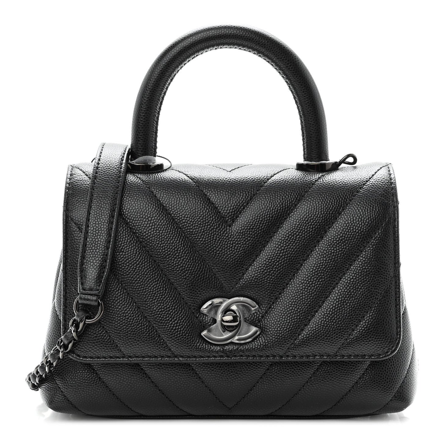 Caviar Chevron Quilted Extra Mini Coco Handle Flap So Black