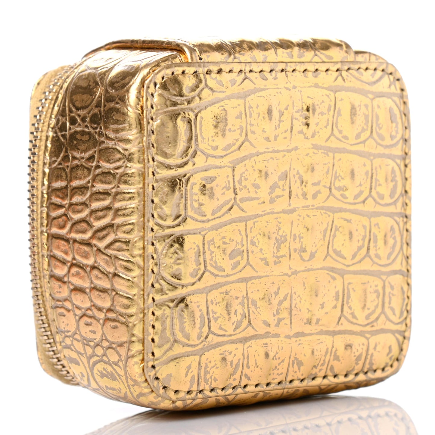 Metallic Calfskin Crocodile Embossed Cocodile Jewelry Travel Case Gold