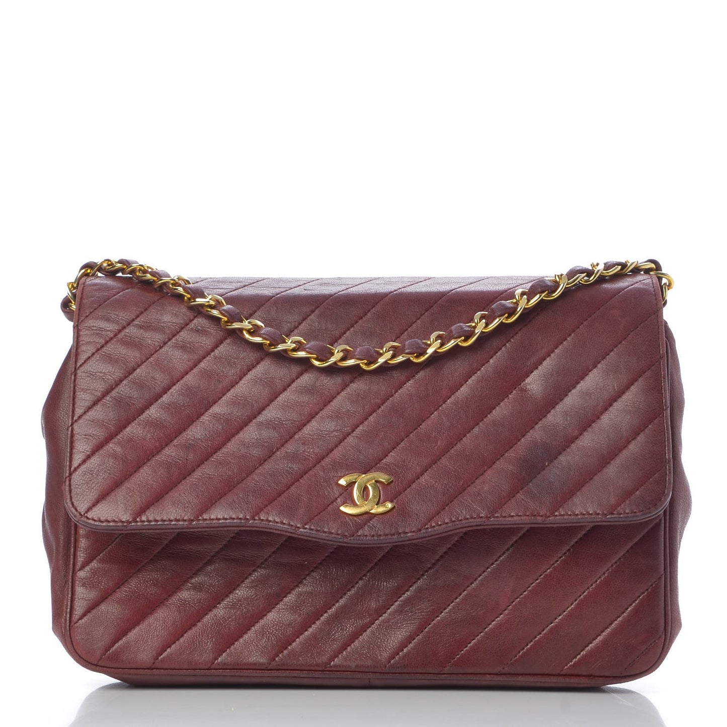 Lambskin Diagonal Quilted Small Single Flap Dark Red