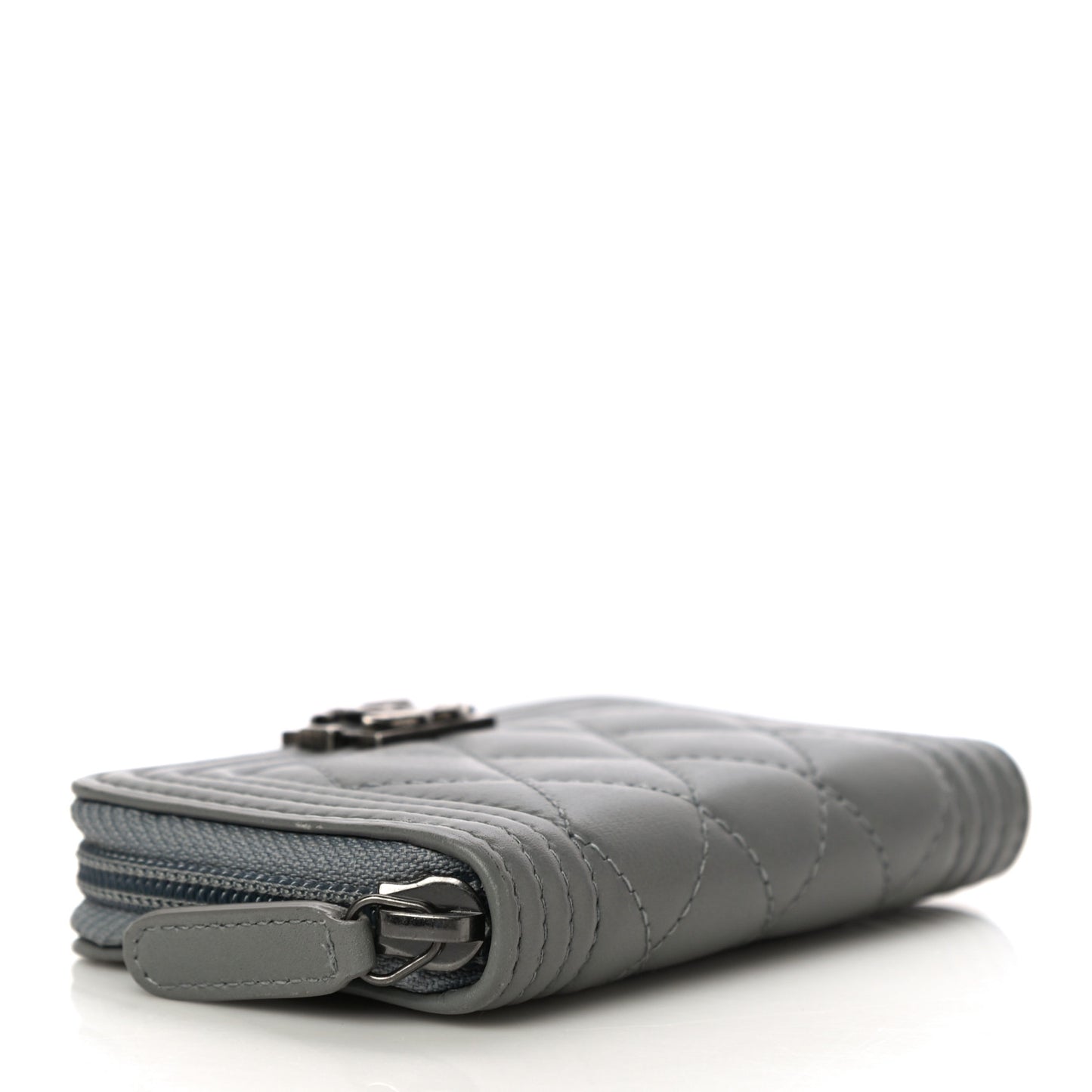 Lambskin Quilted Boy Zip Around Coin Purse Wallet Grey