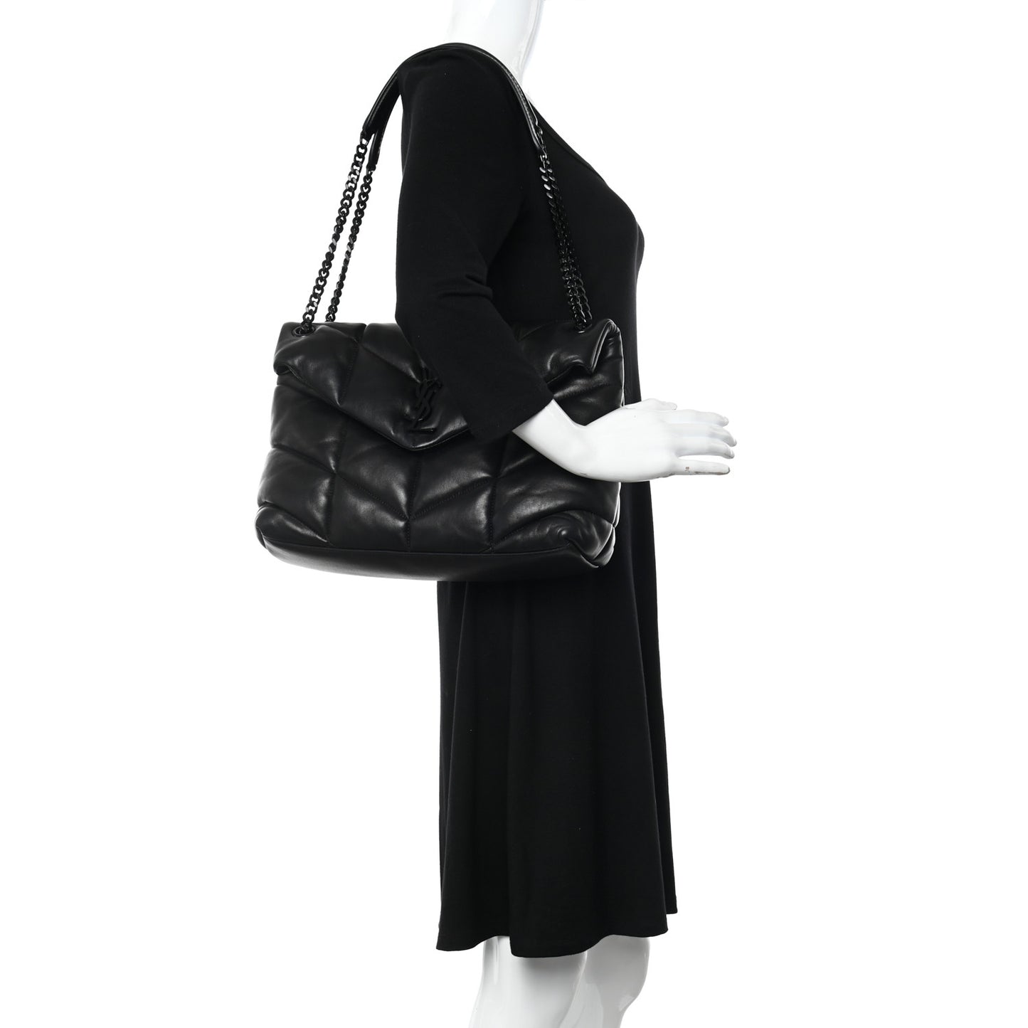 Lambskin Quilted Monogram Monochrome Medium Loulou Puffer Chain Satchel Black