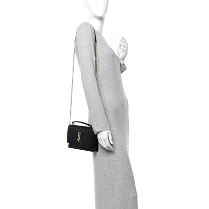 Saint Laurent Calfskin Crocodile Embossed Monogram Sunset Top Handle Chain Wallet Black 2 of 11