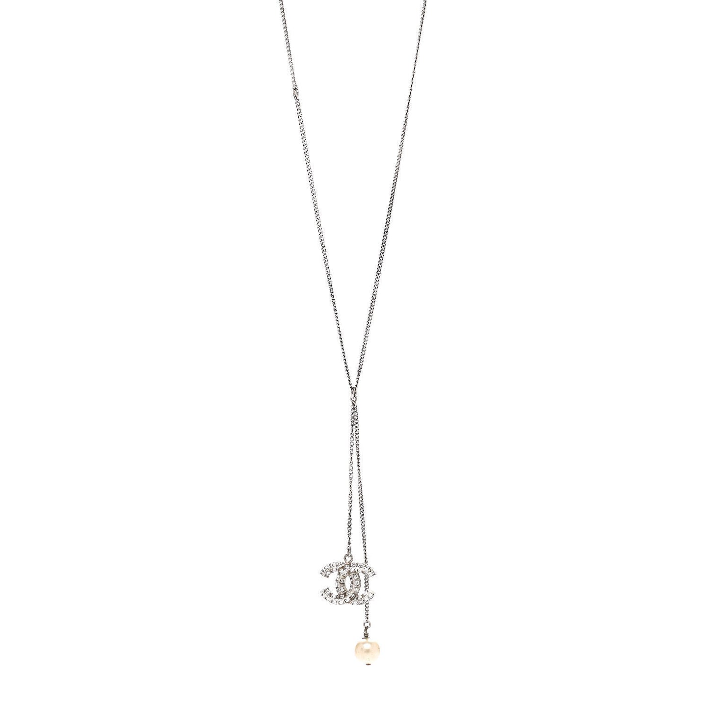 Baguette Crystal Pearl CC Lariat Necklace Silver