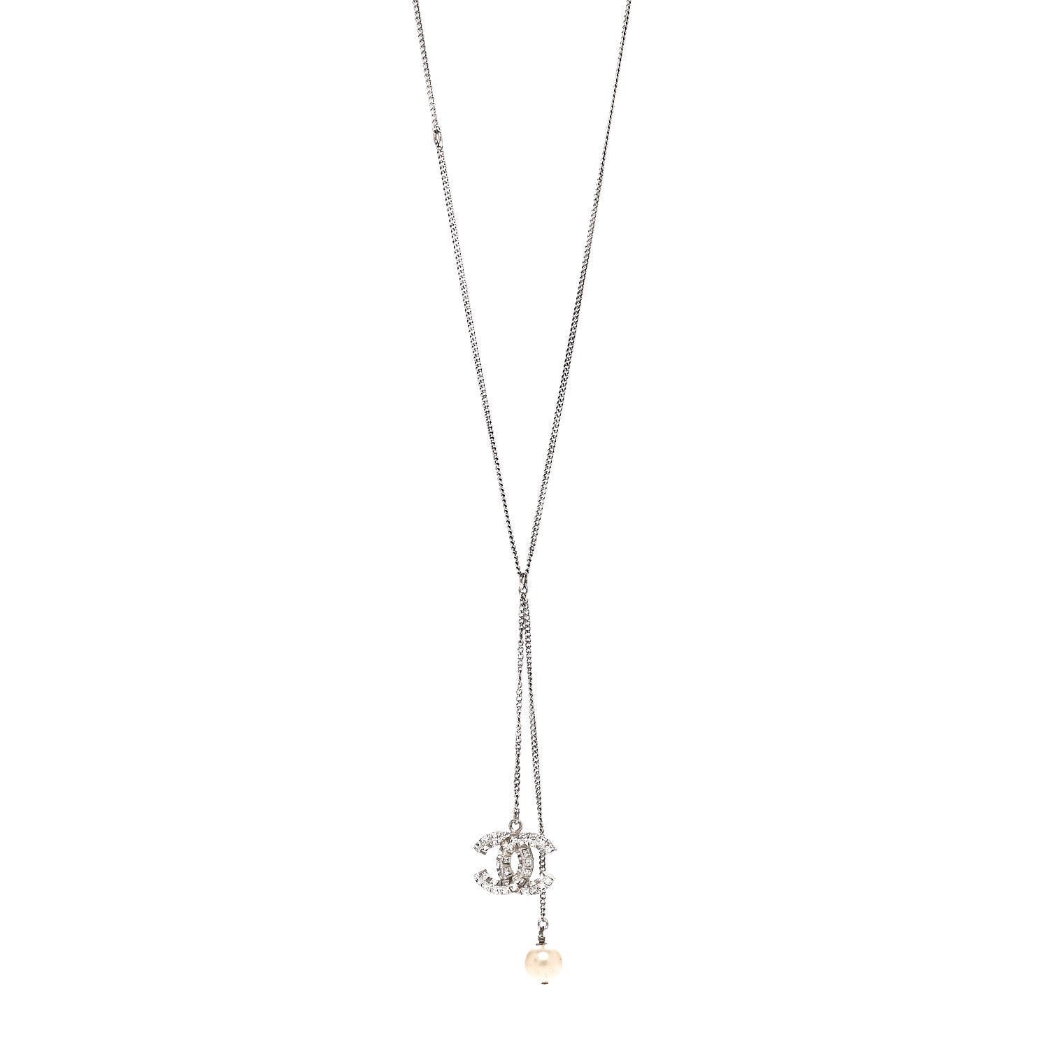 Chanel Baguette Crystal Pearl CC Lariat Necklace Silver 1 of 6