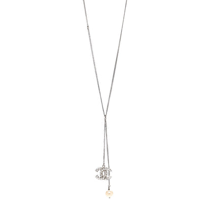 Chanel Baguette Crystal Pearl CC Lariat Necklace Silver 1 of 6