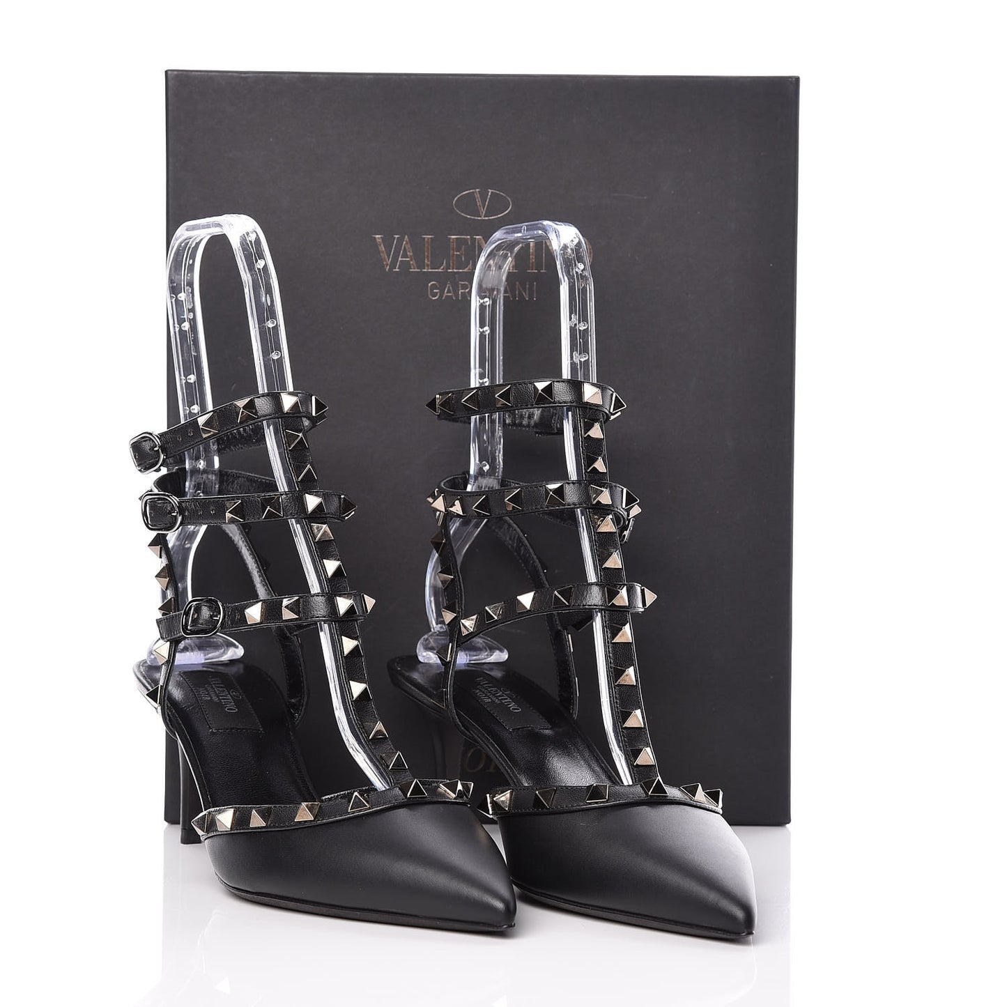 Nappa Rockstud Ankle Strap Low Heel Pumps 39 Black
