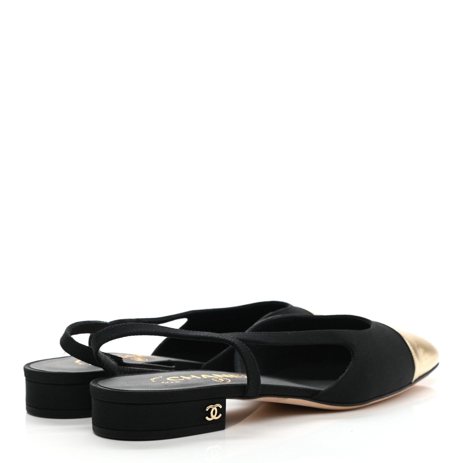 Chanel Laminated Lambskin Grosgrain Cap Toe CC Slingback Flats 37.5 Black Gold 4 of 8