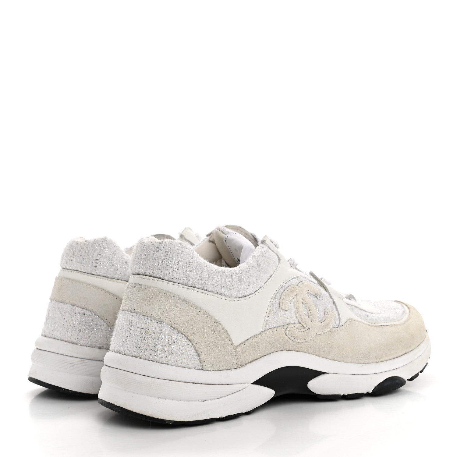 Chanel Painted Iridescent Cotton Tweed Suede Calfskin Womens CC Sneakers 39.5 White Silver Multicolor 5 of 14