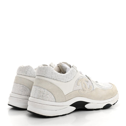 Chanel Painted Iridescent Cotton Tweed Suede Calfskin Womens CC Sneakers 39.5 White Silver Multicolor 5 of 14