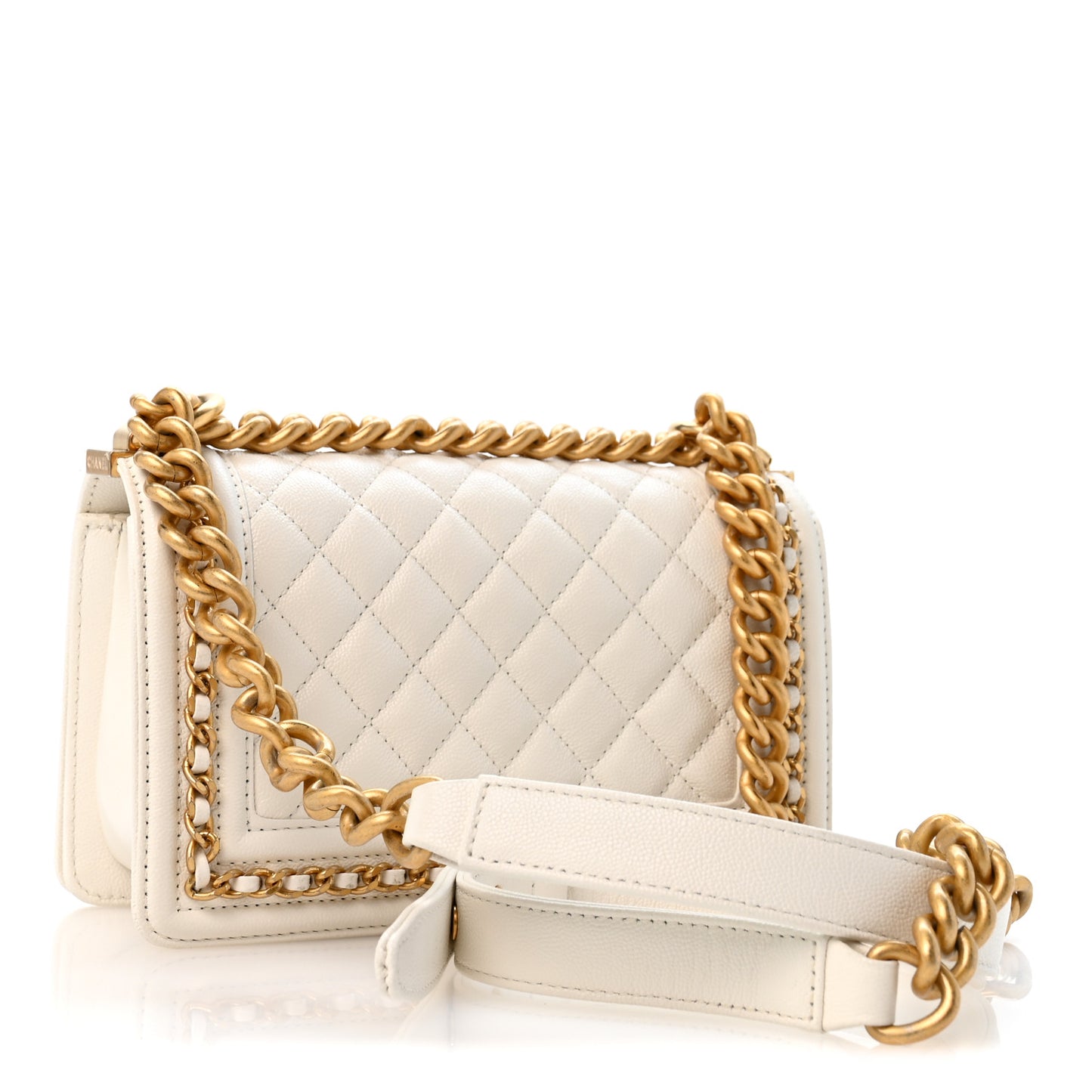 Caviar Quilted Small Chain Around Boy Flap White