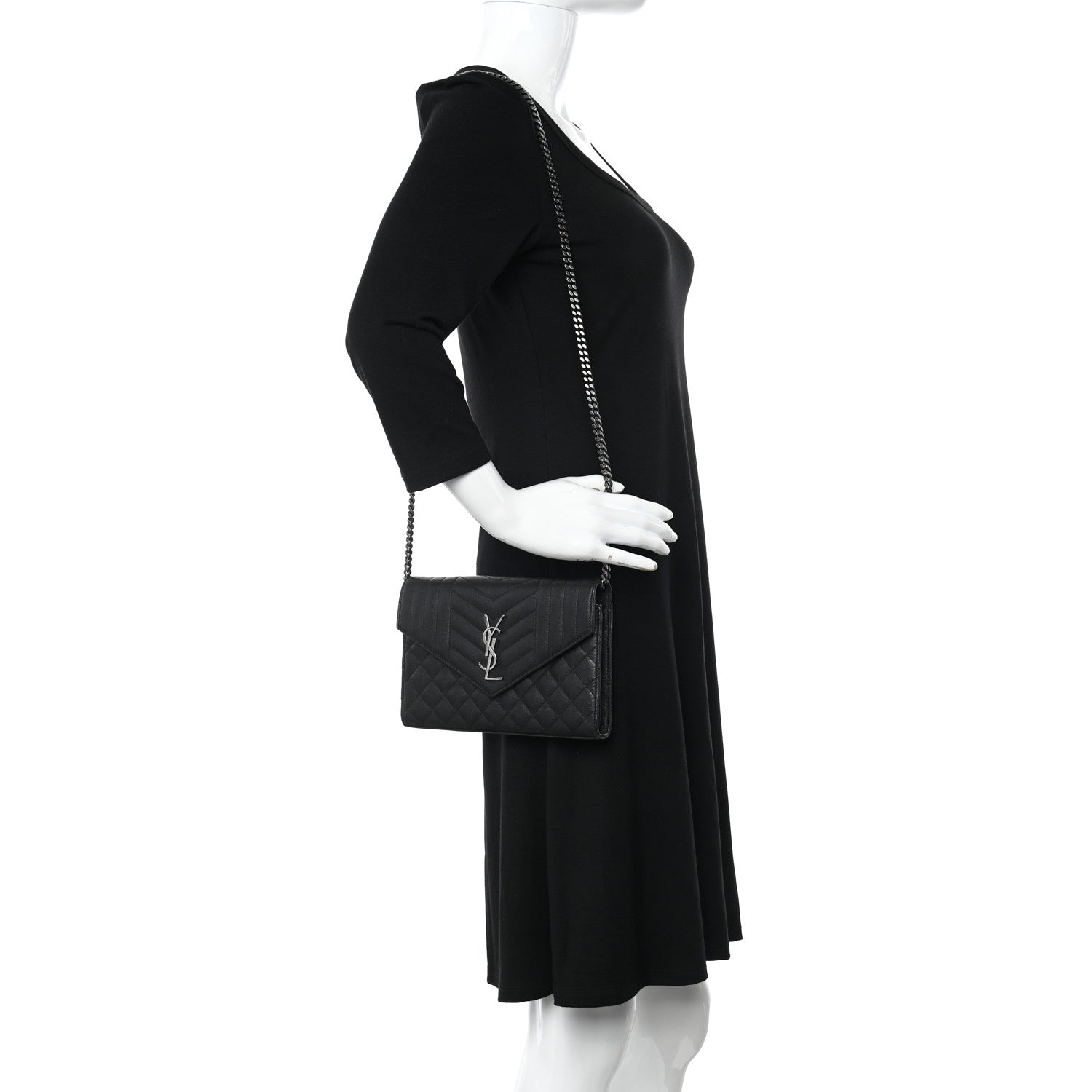 Saint Laurent Sheepskin Tri-Quilt Monogram Envelope Chain Wallet Black 2 of 10