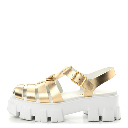 Prada Metallic Vitello Metal Triangle Logo Monolith 55mm Cage Sandals 40 Platino 1 of 11