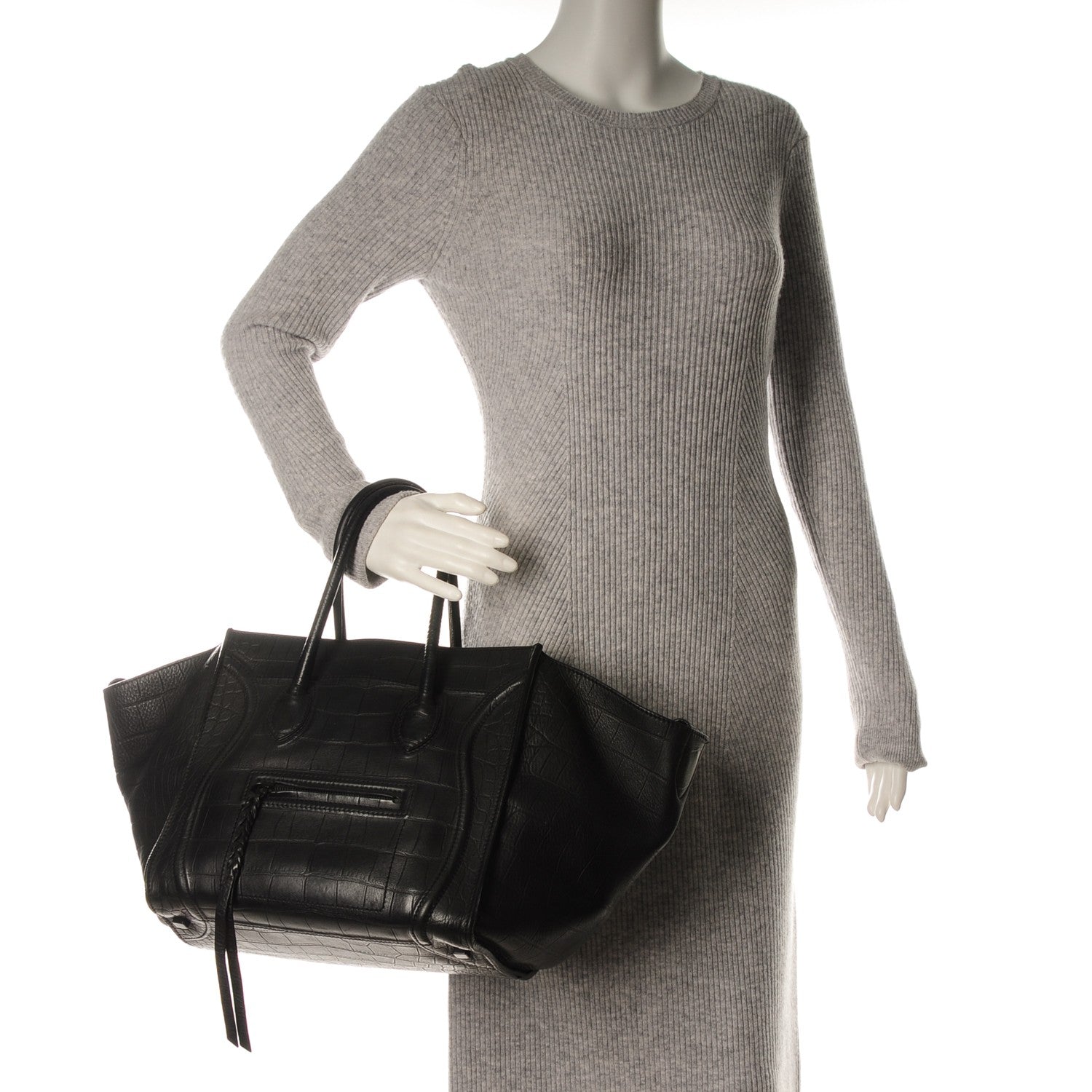 Celine Crocodile Embossed Calfskin Medium Phantom Luggage Black 2 of 13