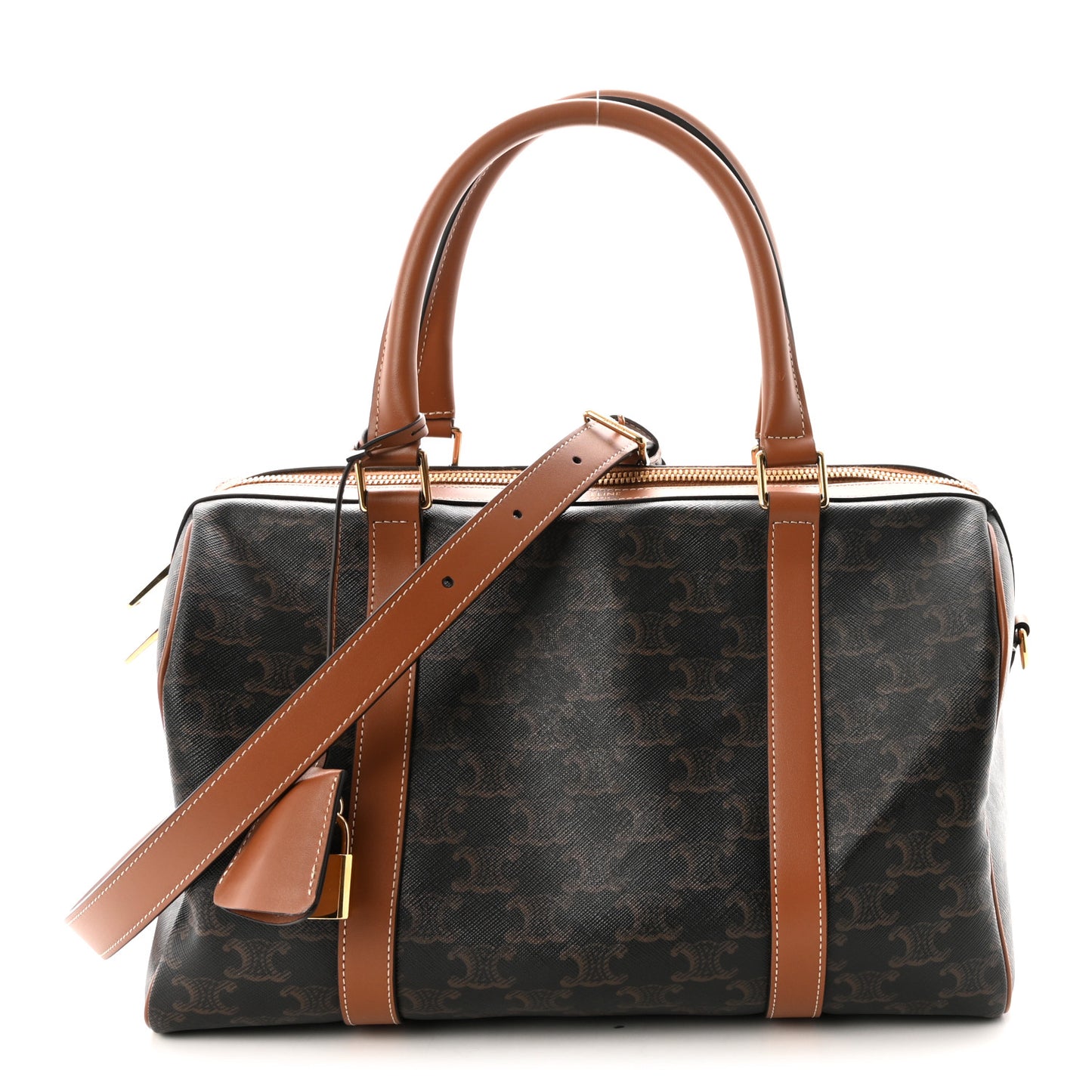 Triomphe Canvas Calfskin Boston Bag Tan