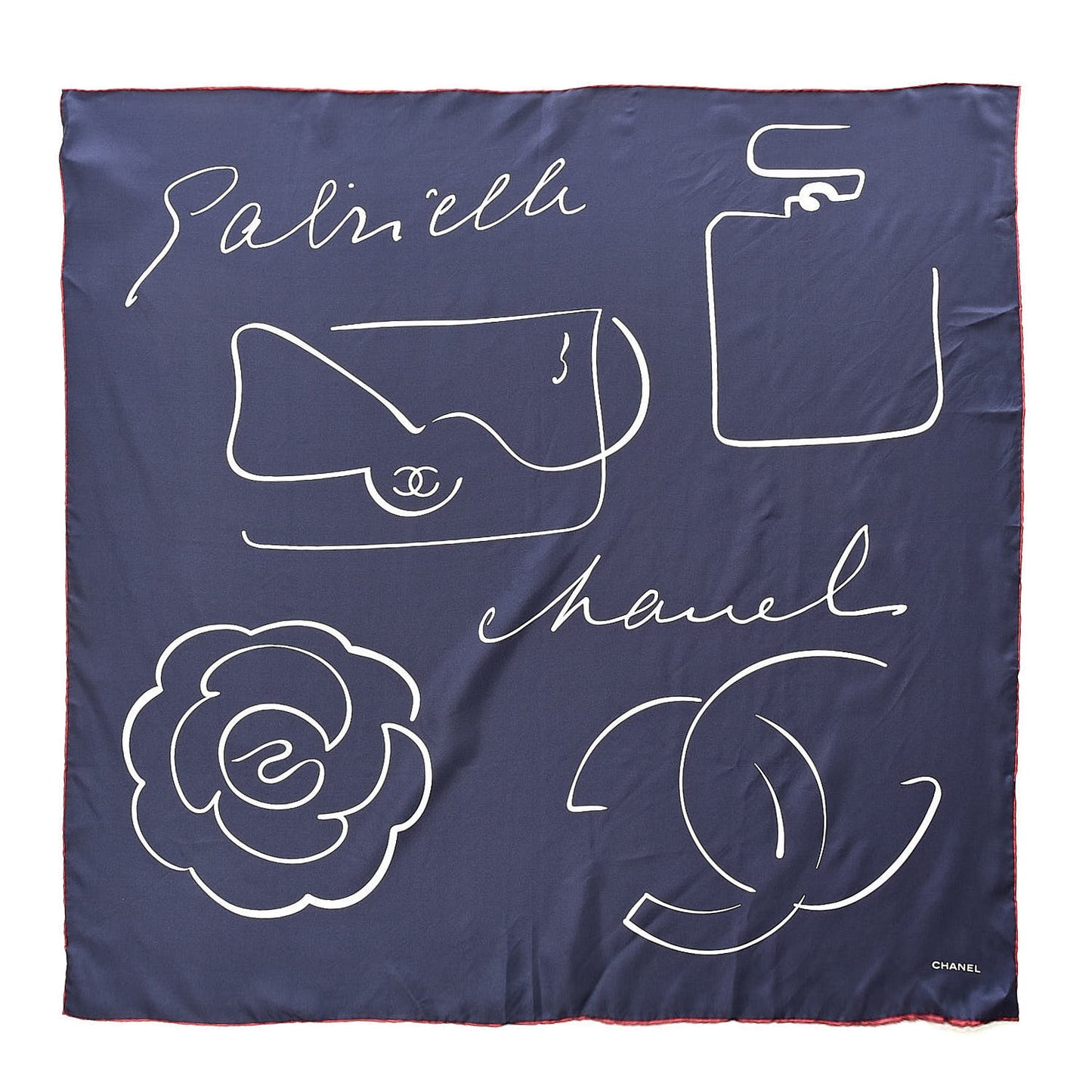 Silk Camellia Bag Print CC Square Scarf Navy White
