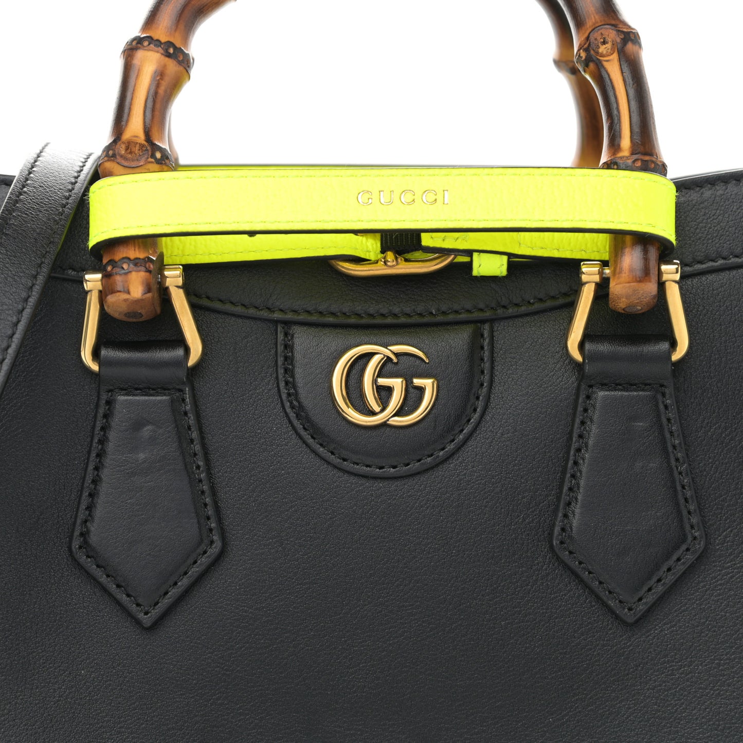 Calfskin Small Diana Tote Bag Black Yellow Fluo