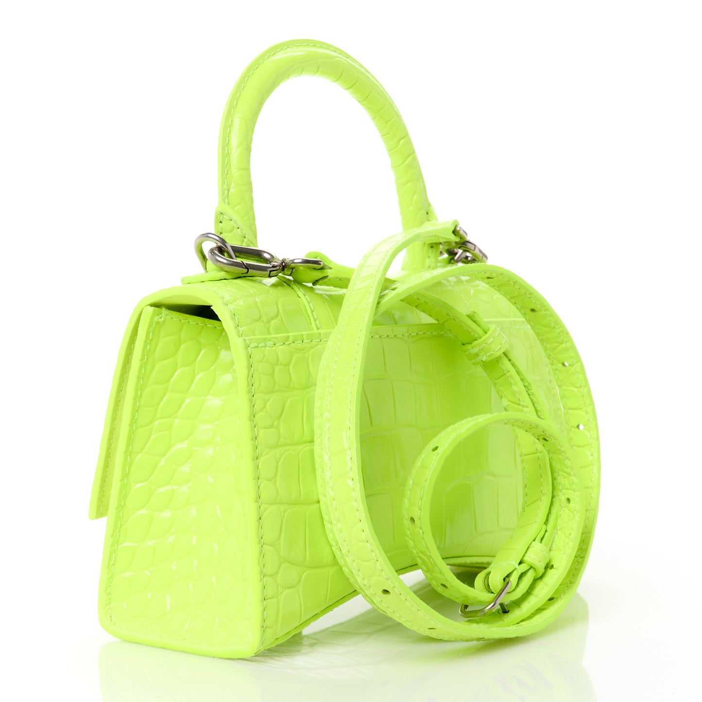 Shiny Calfskin Crocodile Embossed Hourglass Top Handle Bag XS Fluo Yellow