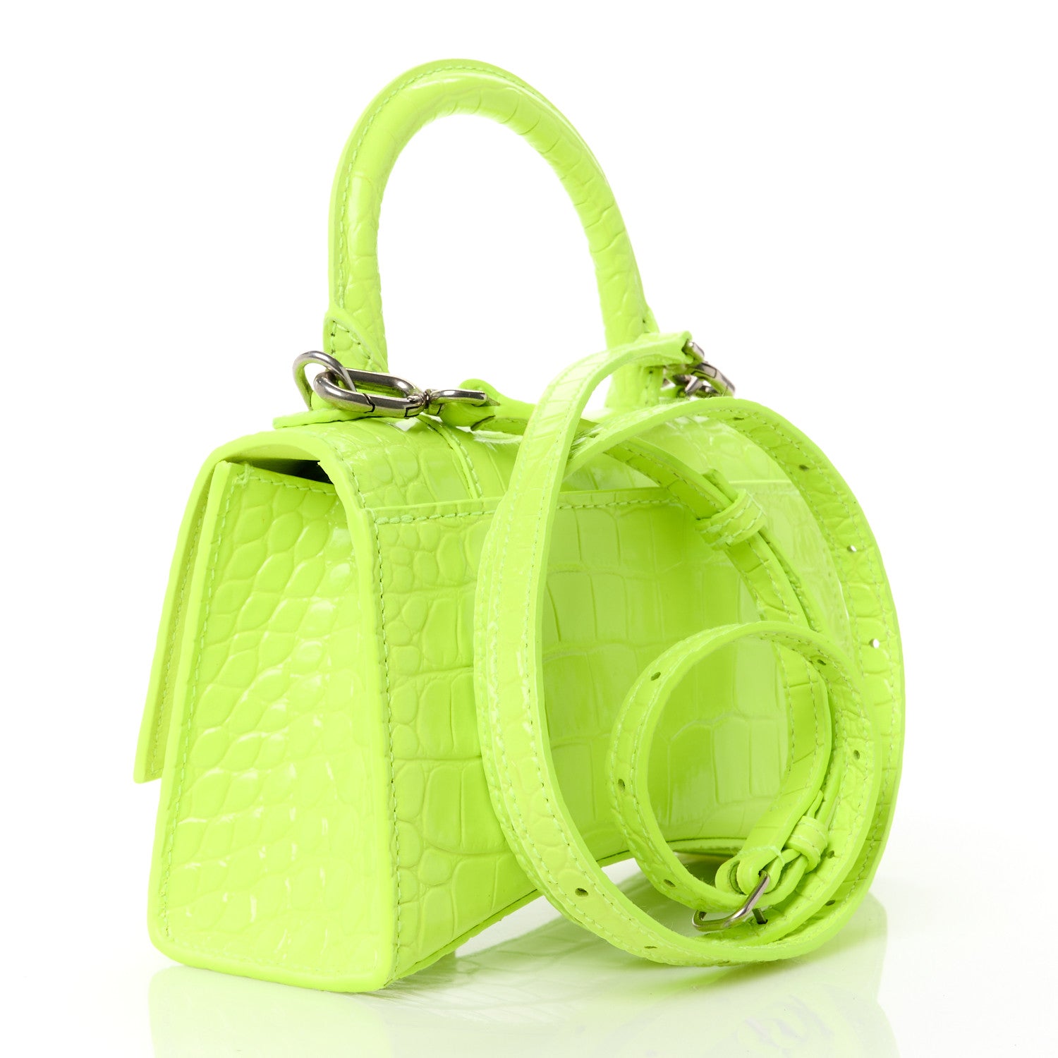 Balenciaga Shiny Calfskin Crocodile Embossed Hourglass Top Handle Bag XS Fluo Yellow 3 of 11