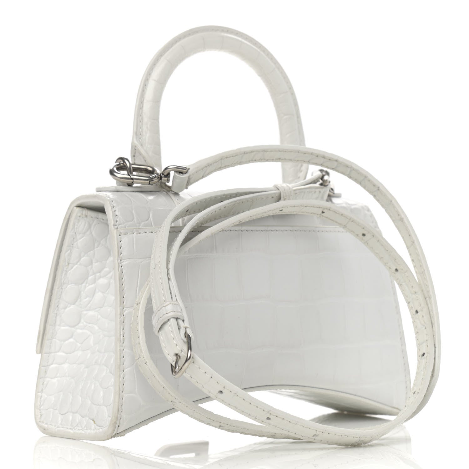 Balenciaga Shiny Calfskin Crocodile Embossed Hourglass Top Handle Bag XS White 3 of 19