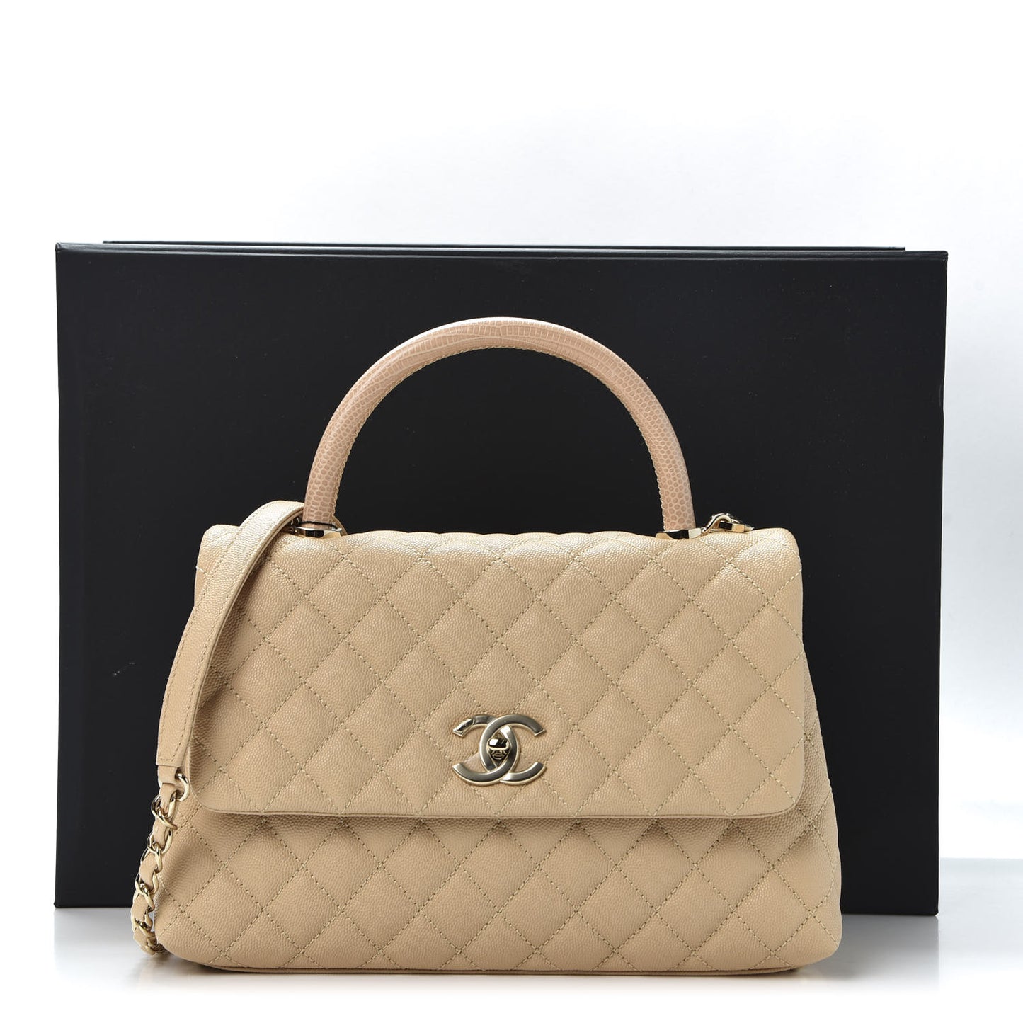 Caviar Lizard Embossed Quilted Small Coco Handle Flap Beige
